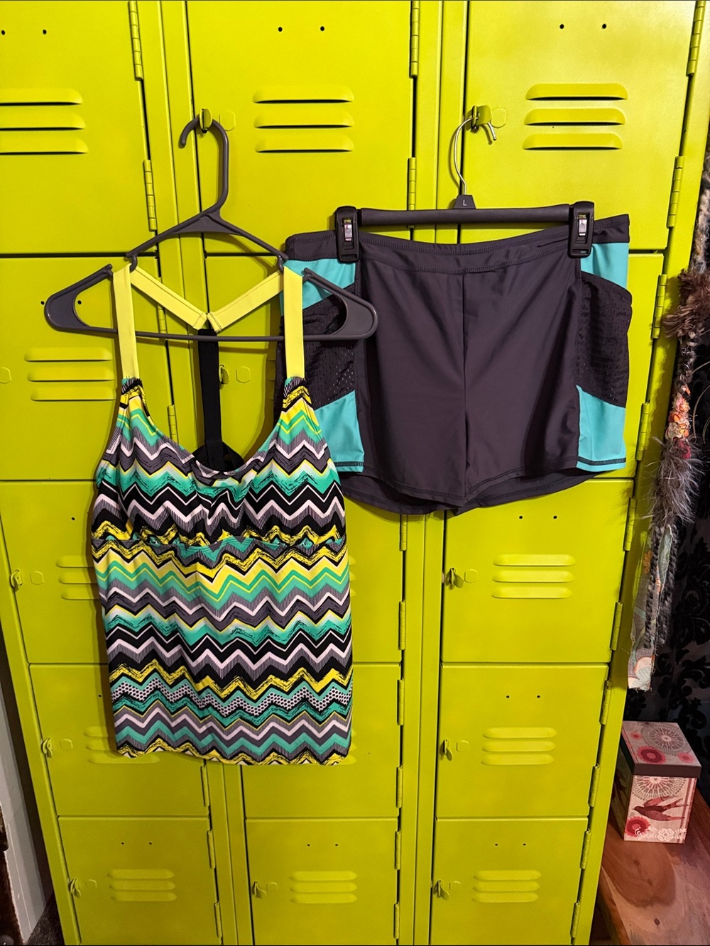 Chevron Tankini Top with Gray Swim Shorts - Multi & Gray